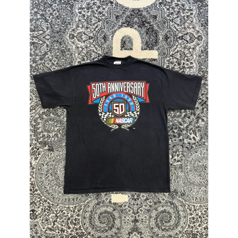 Vtg 1998 NASCAR 50th Anniversary Checkered Flag Shirt XL Black Racing 100% Cotto